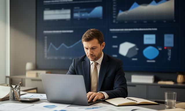 Lead economic analyst reviewing UK charts at a desk in a Rotherham office